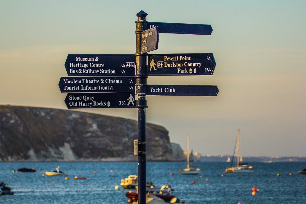 Blue metal signpost in Swanage Dorset with several arrow shaped signs pointing in different directions pointing out nearby hiking trails and attractions