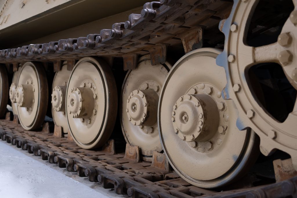 close up of the tyre of a large army tank at the Tank Museum in Bovington