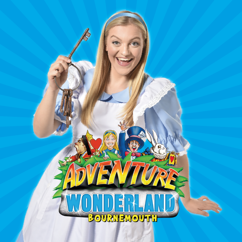 Poster for Adventure Wonderland in Christchurch - blue background with a photo of a girl dressed as Alice in Wonderland with long straight blonde hair a blue headband and a pale blue dress with a white apron. the girl is smiling and holding keys. theme park near bournemouth