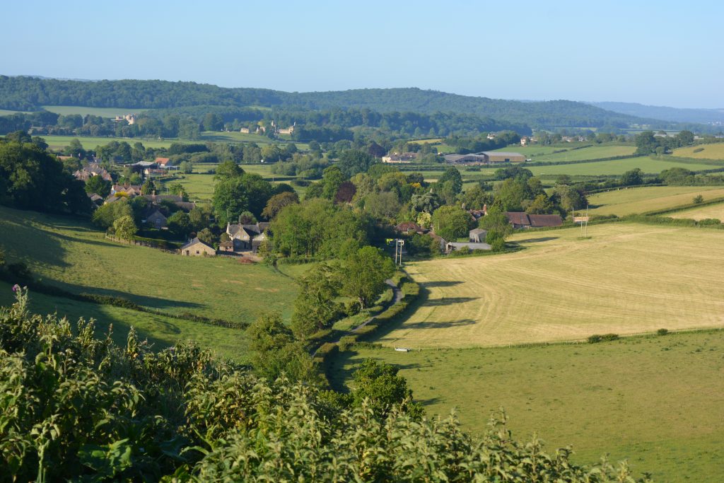 looking down from high at a green valley with woodlands in the background and the a small town. in the foreground a narrow tree lined road winds between two large fields. 