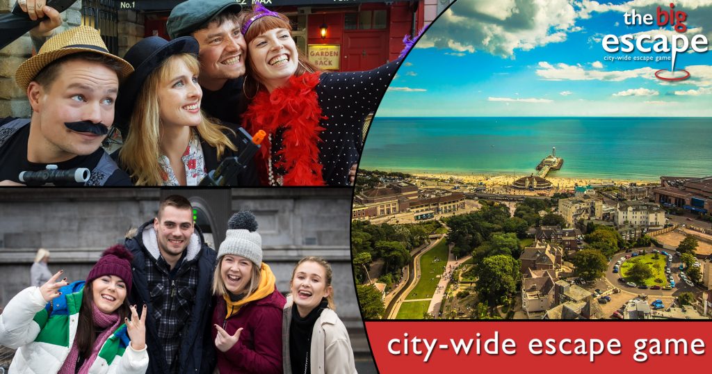 Postcard with three images, two of groups of people taking a selfie together and one of the town and beach of bournemouth viewed from above on a sunny day, and the heading The Big Escape printed in the top right corner and the words "city-wide escape game" in white on a red background at the bottom. 