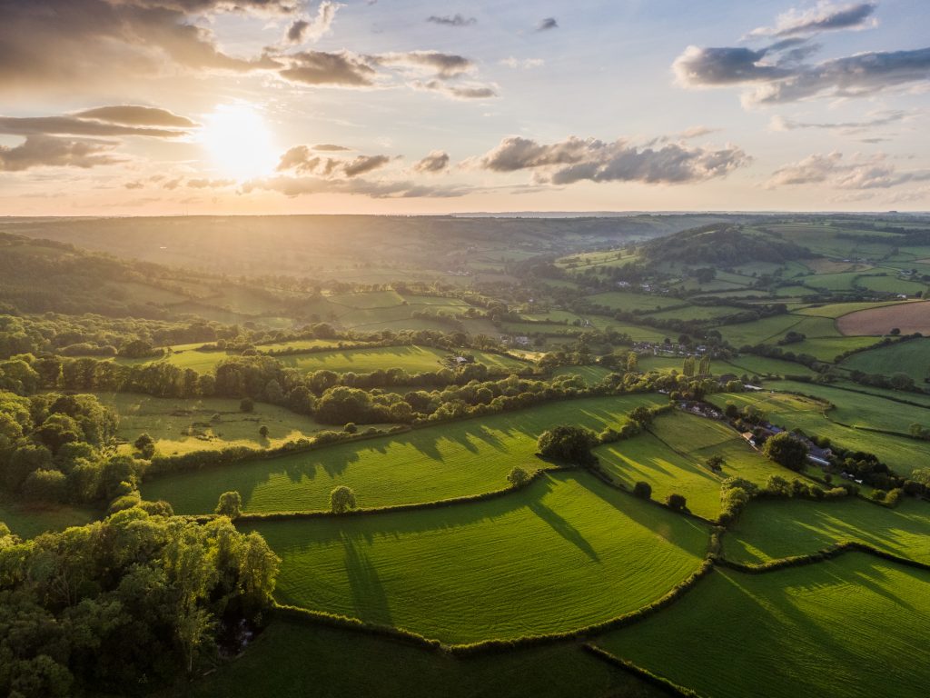 Aerial shot of a countryside landscape with many grassy fields and small patches of woodland in the Dorset AONB near sunset with the sun low in the sky and golden rays sweeping over the landscape - 25 Photos of Dorset  