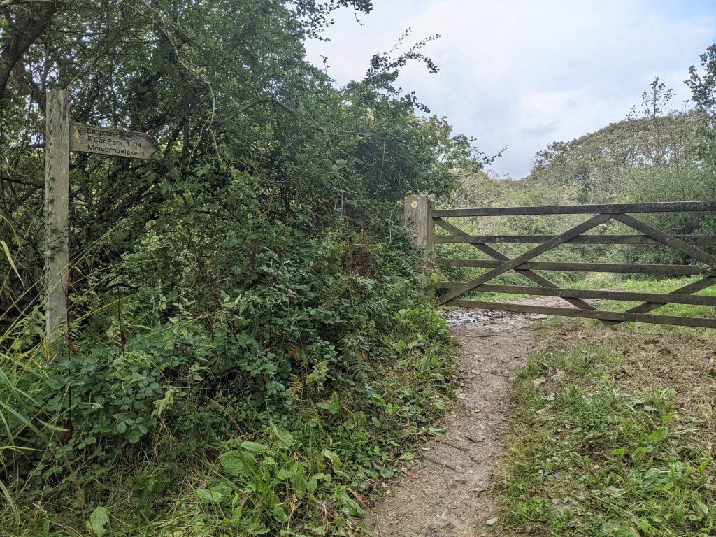 Gate and signpost on the walk to Langdon Hill