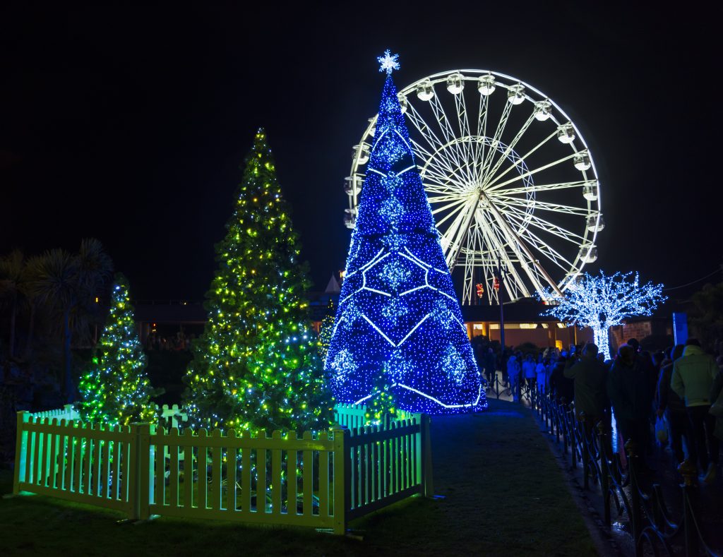 Night scene in a park with three large christmas trees lit up brightly, two in green and the bigges tin bright blue topped with a snowflake. there is a white ferris wheel behind lit up brightly against the night. Christmas Tree Wonderland in Bournemouth.