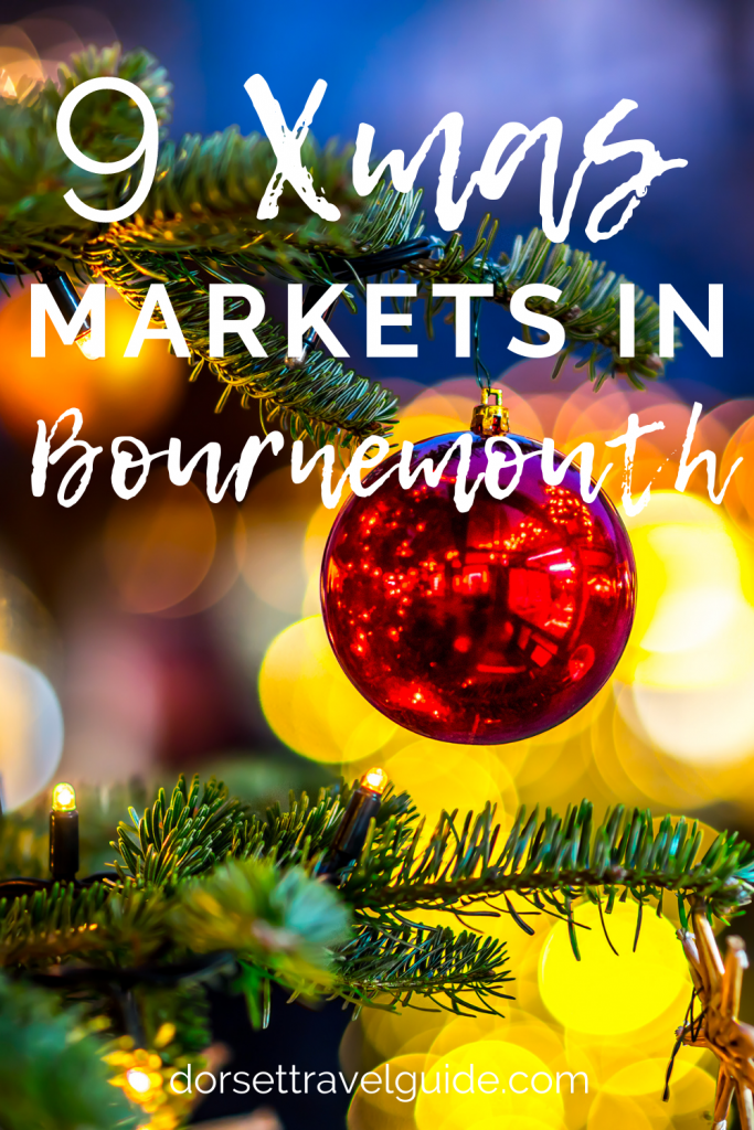 9 Christmas Markets in Bournemouth - poster with the title written over a photo of a christmas tree branch with fairy lights and a red bauble
