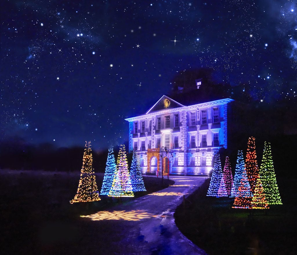 exterior of Kingston Lacy, a large white stately home in dorset surrounded nby an empty lawn, taken at night with the house lit up in purple underneath a dark sky full of stars, with several christmas trees in front all lit in different colours. 