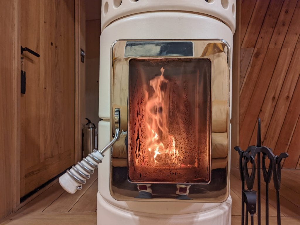 close up of a fire in a log burner