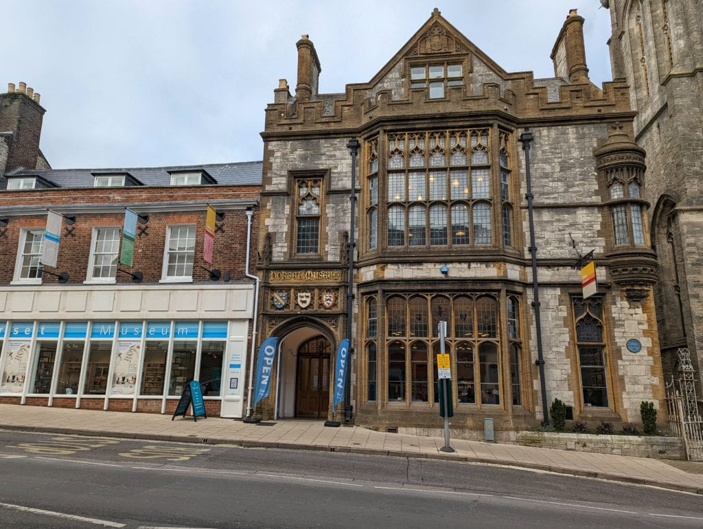 old building housing Dorset museum on Dorchester high street