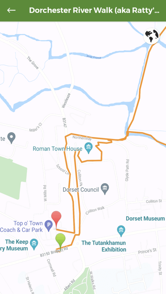 Screenshot of a map showing a river walk in Dorchester