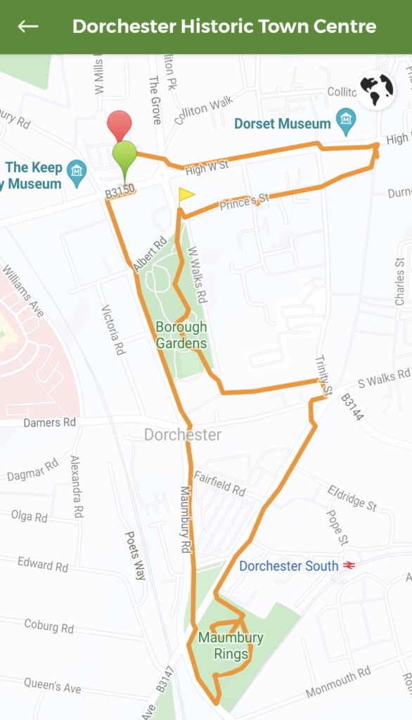 screenshot of a map showing a walk route in Dorchester
