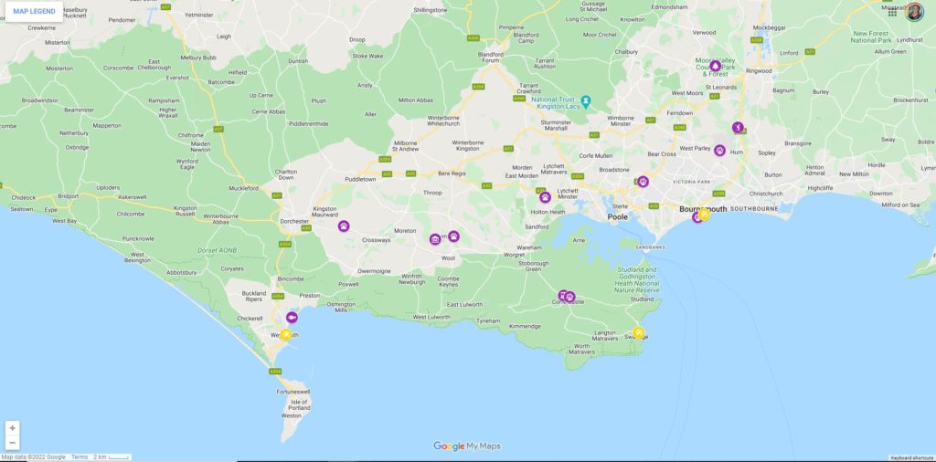 Screenshot of  map showing the best things to do in dorset with kids