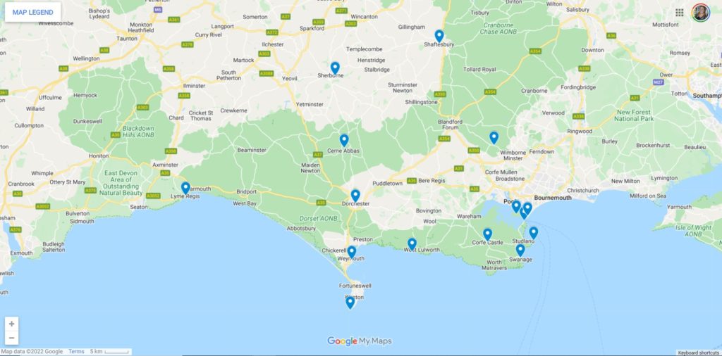 a google map showing the best things to do in dorset