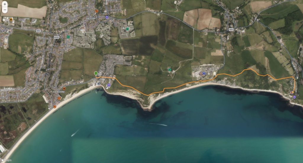 Satellite map showing the Weymouth to Osmington Mills walk