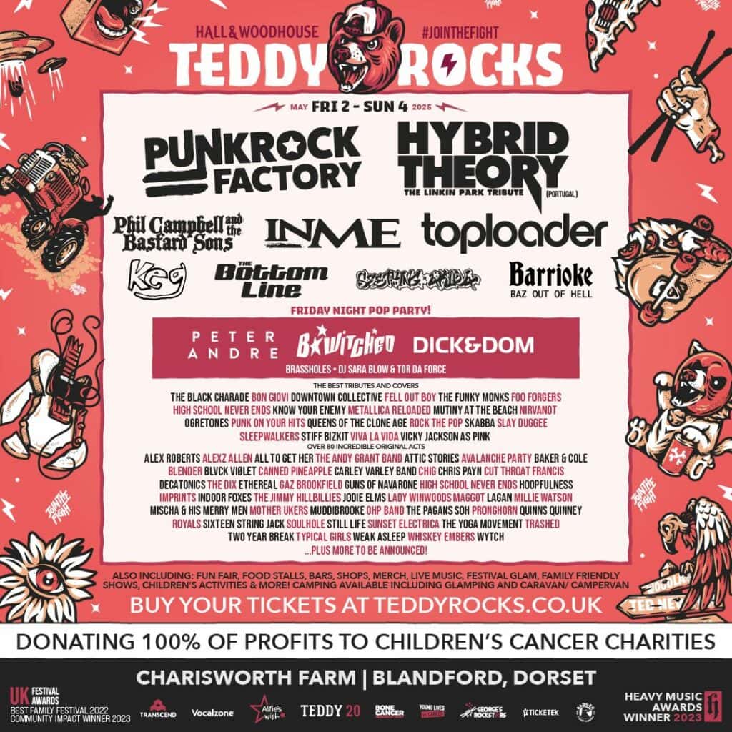 Poster showing the Teddy rocks 2025 Lineup with a pink background 