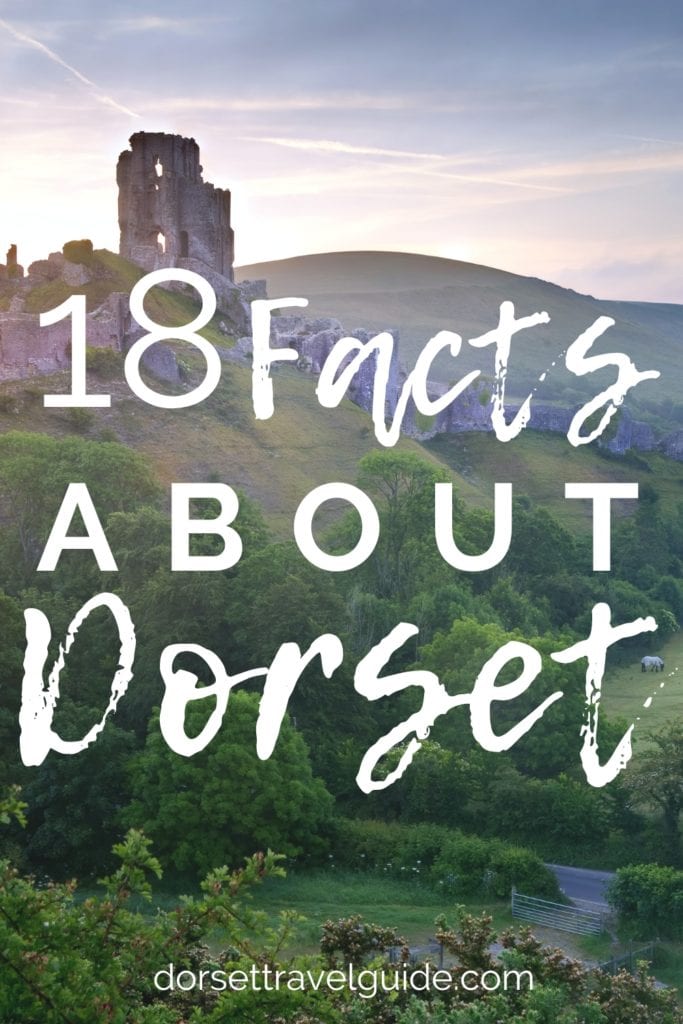 Pinterest pin with a photo of a ruined castle on a hilltop at sunrise surrounded by mist with the title in large white font: 18 Facts About Dorset 
