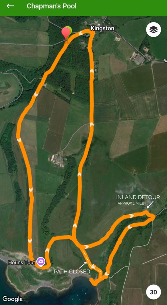Screenshot of a map showing the walk to Chapman's Pool from Kingston. An edit shows one of the paths has closed. 