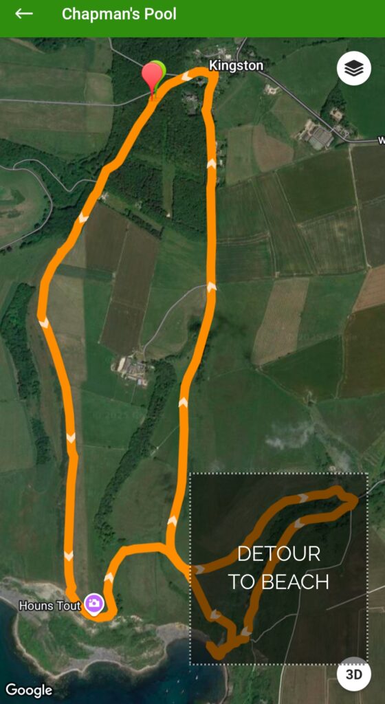 Screenshot of a map showing the walk to Chapman's Pool from Kingston. 