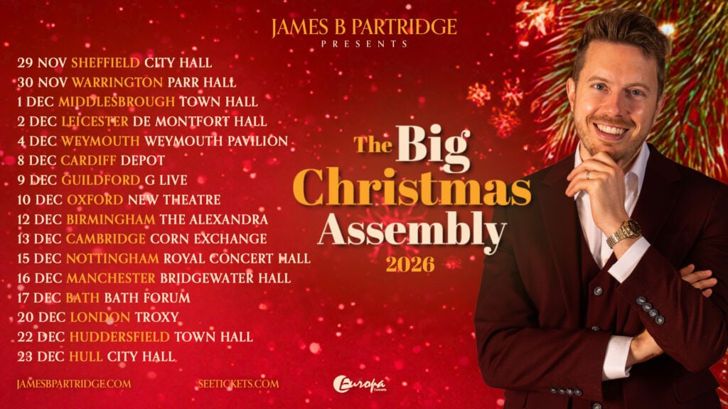 Tour dates poster for the Big Christmas Assembley with a photo of James B Partridge
