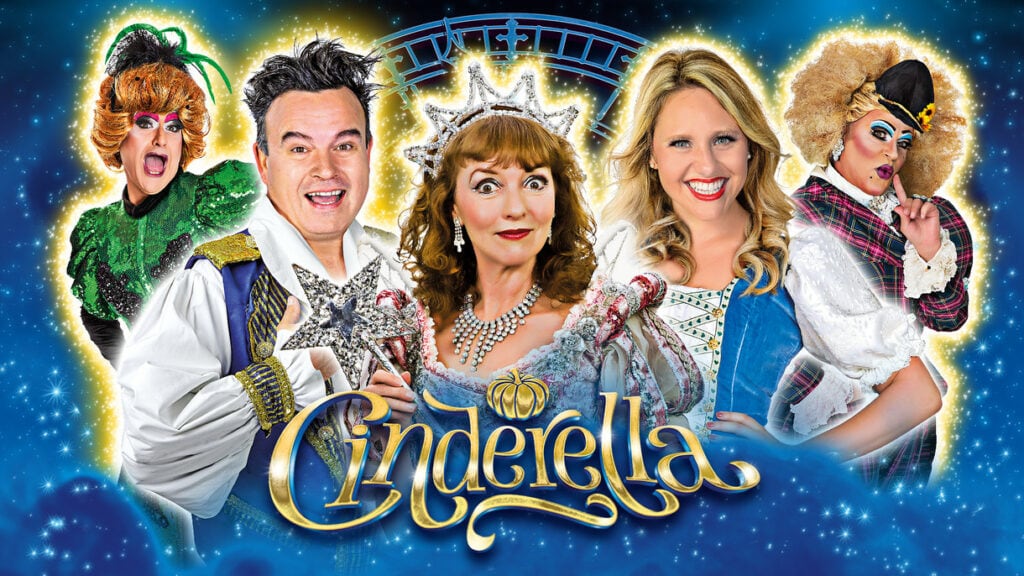 Poster for Cinderella pantomime in Bournemouth with 5 actors in costume