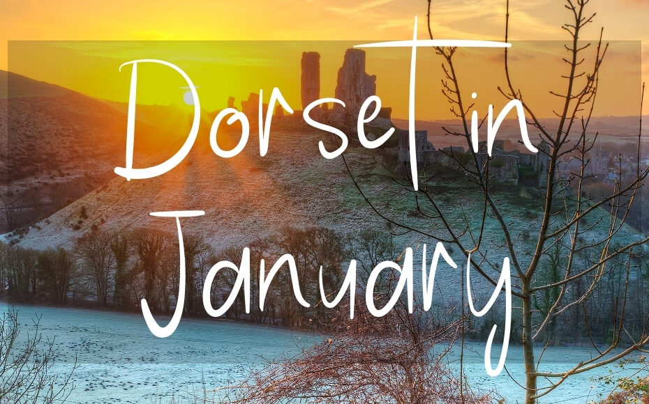 Dorset in January: written in white text over a photo of corfe castle at sunrise