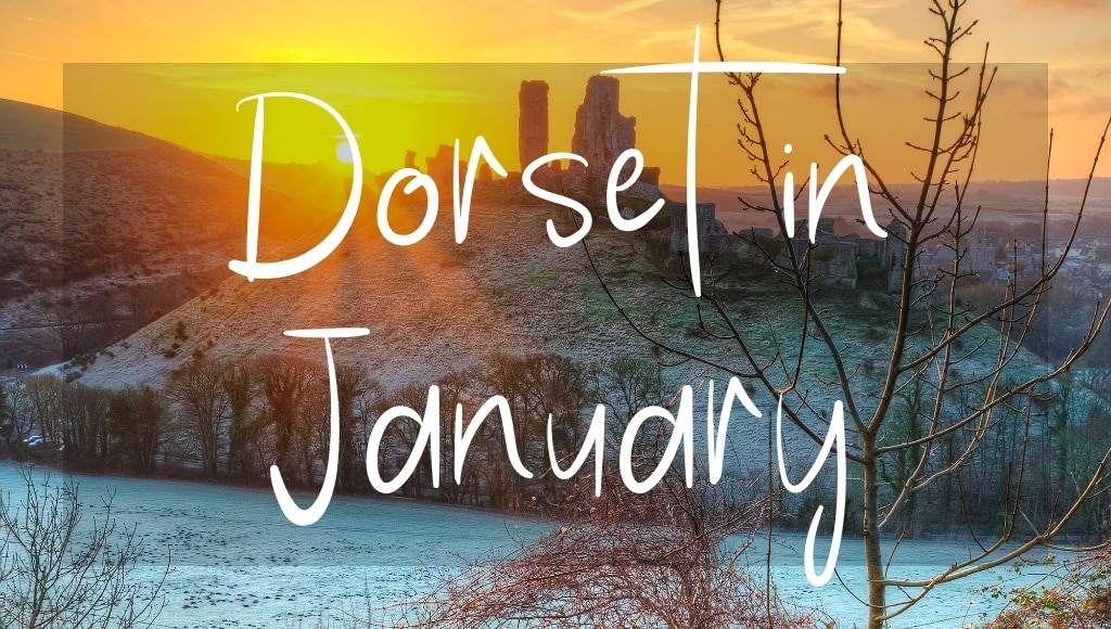 Dorset in January: written in white text over a photo of corfe castle at sunrise