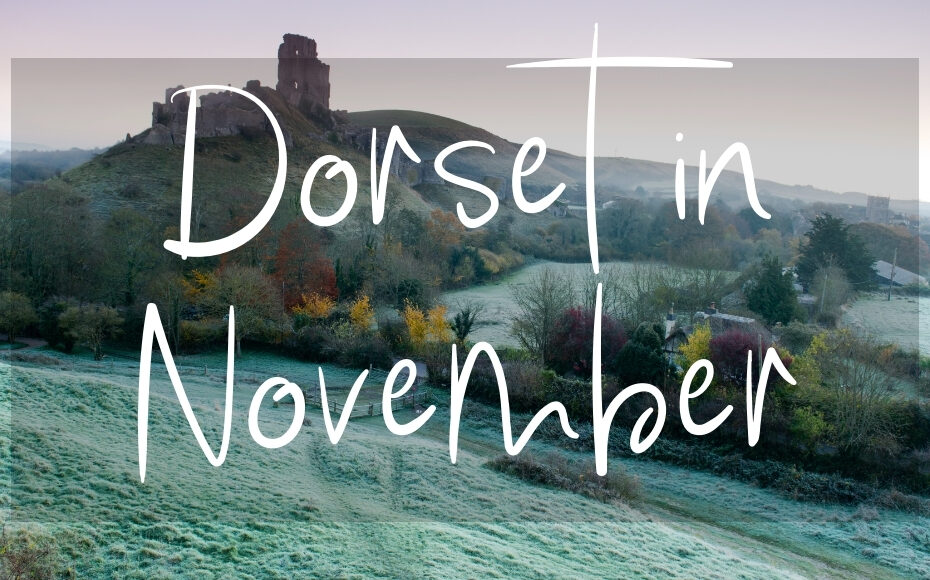 Dorset in November: written in white over a photo of castle ruins on a hilltop surrounded by frost