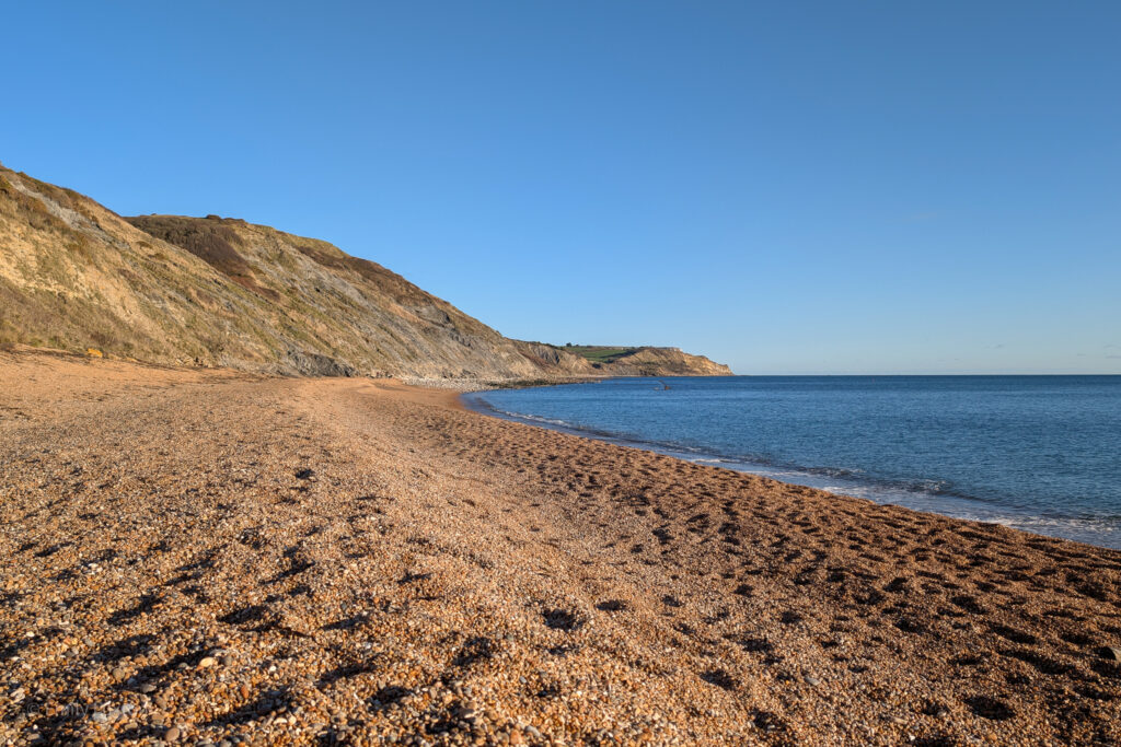 Empty shingle beach with grassy cliffs on a sunny day
