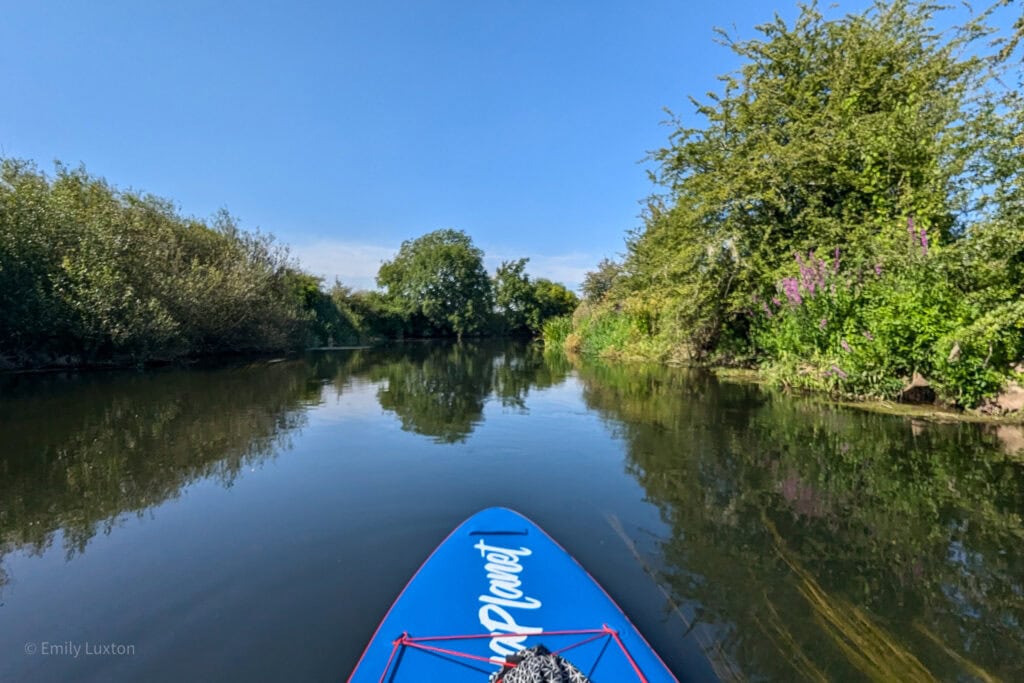 blue paddleboard on a river with trees on either side | River Stour Dorset in July