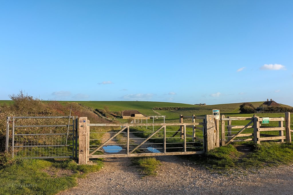 Track with a long metal gate with smaller gates either side leading to a large field