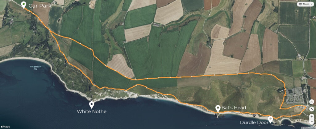Map of the walking route from Ringstead to Durdle Door